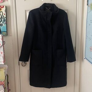 ANN TAYLOR Navy Blue Wool Blend Zip Up Trench Jacket Size Large Deep Pockets
